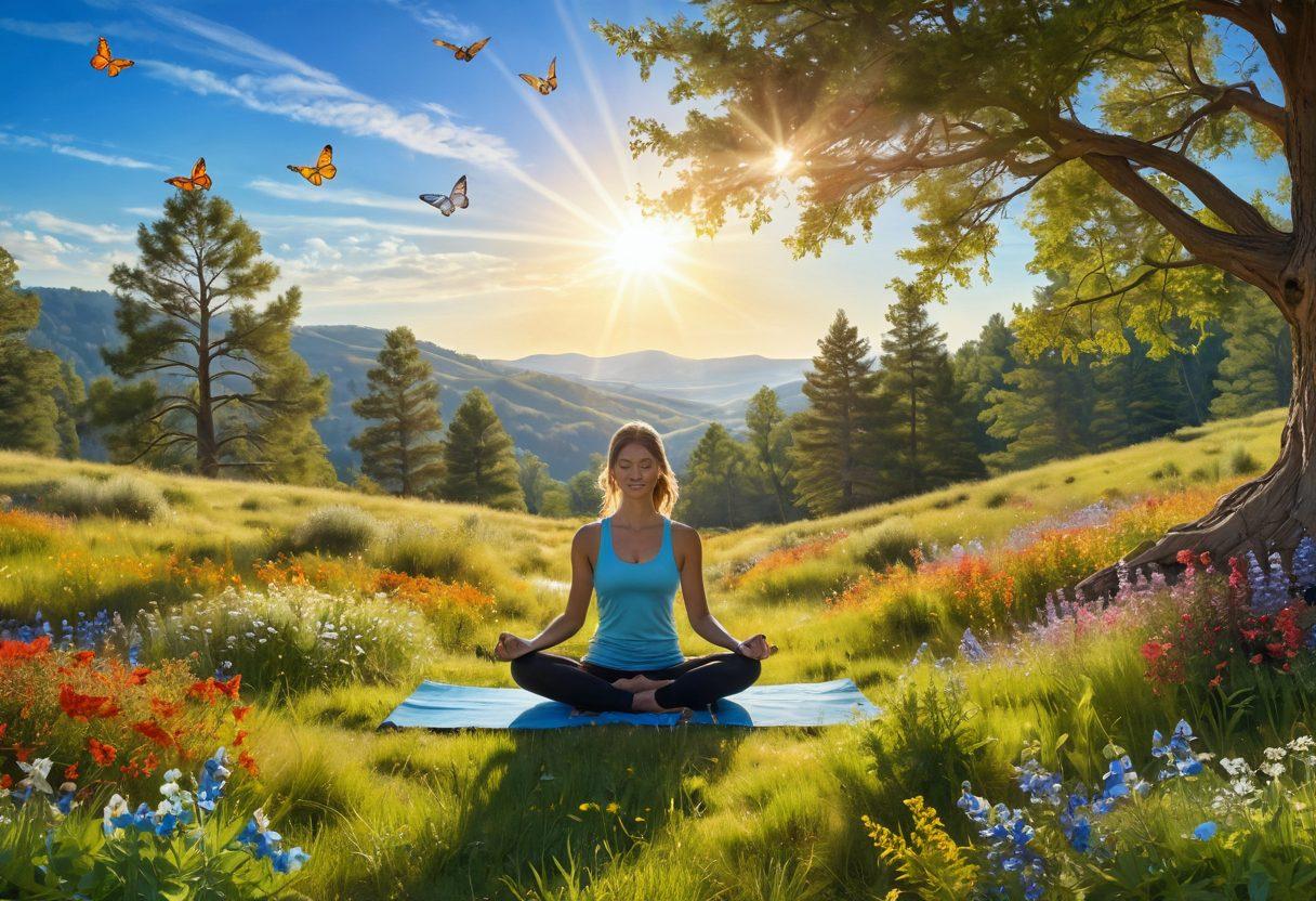 A serene landscape featuring a sunlit meadow filled with colorful wildflowers, a person practicing yoga with a peaceful smile, and butterflies fluttering around. In the background, a clear blue sky and gentle hills promote a sense of tranquility. Captivating light rays filter through the leaves of nearby trees, symbolizing joy and positivity. super-realistic. vibrant colors. dreamy atmosphere.