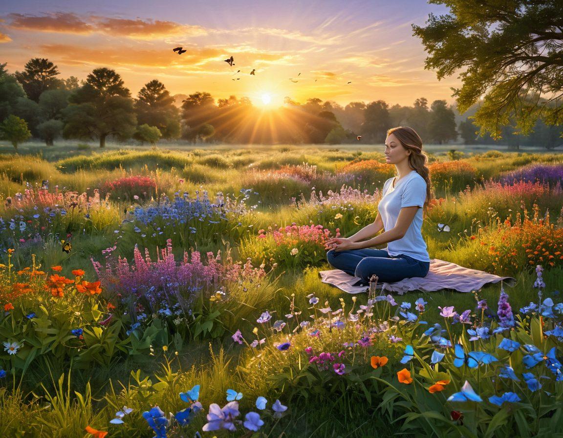 A serene landscape featuring a radiant sunrise over a peaceful meadow filled with colorful wildflowers. In the foreground, a person practicing mindfulness meditation with a gentle smile, surrounded by butterflies and birds. Soft warm light illuminating the scene, creating an atmosphere of joy and tranquility. super-realistic. vibrant colors. 3D.