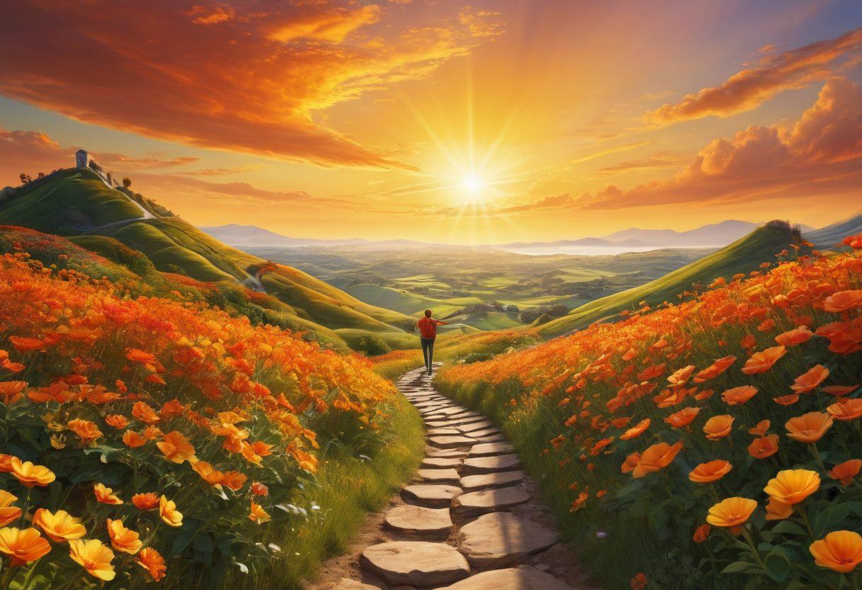 A serene landscape depicting a person standing on top of a hill, arms stretched wide, embracing the sky as the sun rises in vibrant hues of orange and yellow, symbolizing joy and transformation. In the foreground, flowers bloom, representing growth and contentment. In the background, a winding path signifies the journey of life. super-realistic. vibrant colors. 3D.